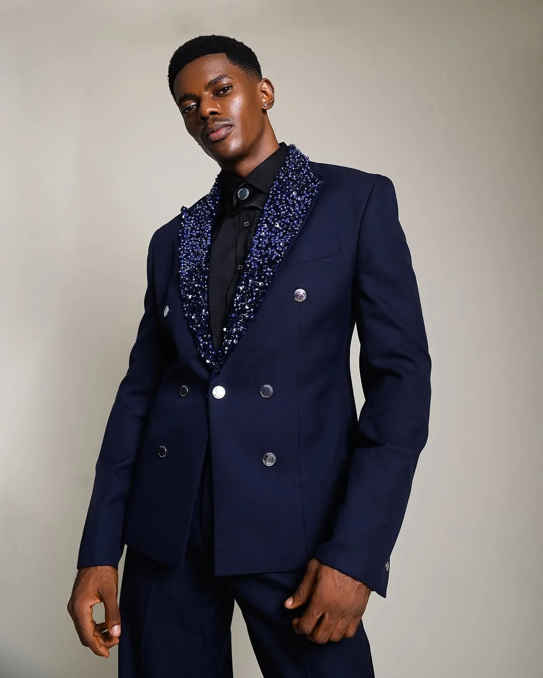 Navy Blue Men Suit Set 2 Piece Blazer+Pants Trousers Beaded Lapel Wedding Tuxedos Formal Office Jacket Prom Coat Customized