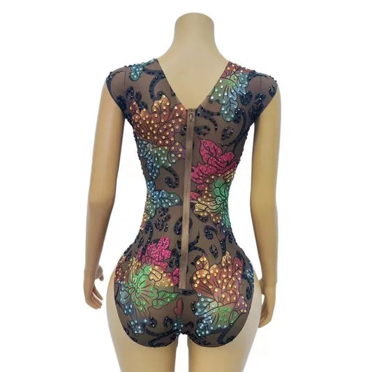 Women Sexy Stage Colorful Rhinestones Flowers Brown Mesh Bodysuit Birthday Celebrate Performance Costume Photoshoot Leotard