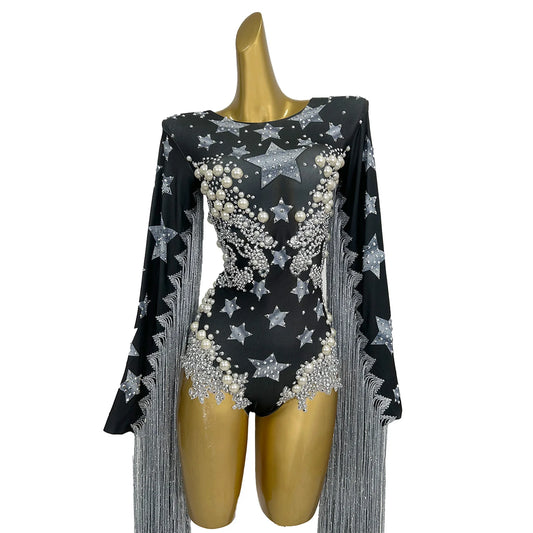 Sexy Sparkly Pearls Rhinestones Tassels Printing Bodysuit Bar Nightclub Performance Costume Evening Party Stage Wear