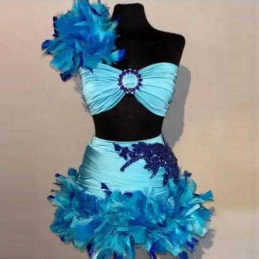 Minivestido de cóctel de dos piezas con plumas, un hombro, cuentas y lentejuelas, vestido de fiesta, vestidos de cumpleaños para niñas pequeñas para sesión de fotos