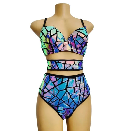 Bar Discothèque Sexy Scène Porter Violet Bleu Laser Paillettes Bikini Pole Dance Tenue Femmes Danseuse Chanteuse Miroir Performance Costume 