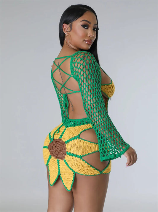 Sexy Women Knitted Set V Neck Back Strings Top Skirt Crochet Two Pieces Set Long Sleeves Crocheted Beach Dress Cover Up