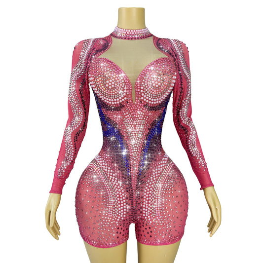 Shining Full Rhinestones Special Stage Performance Leotard Dance Team Party Celebrate Show Wear Transparent Costume