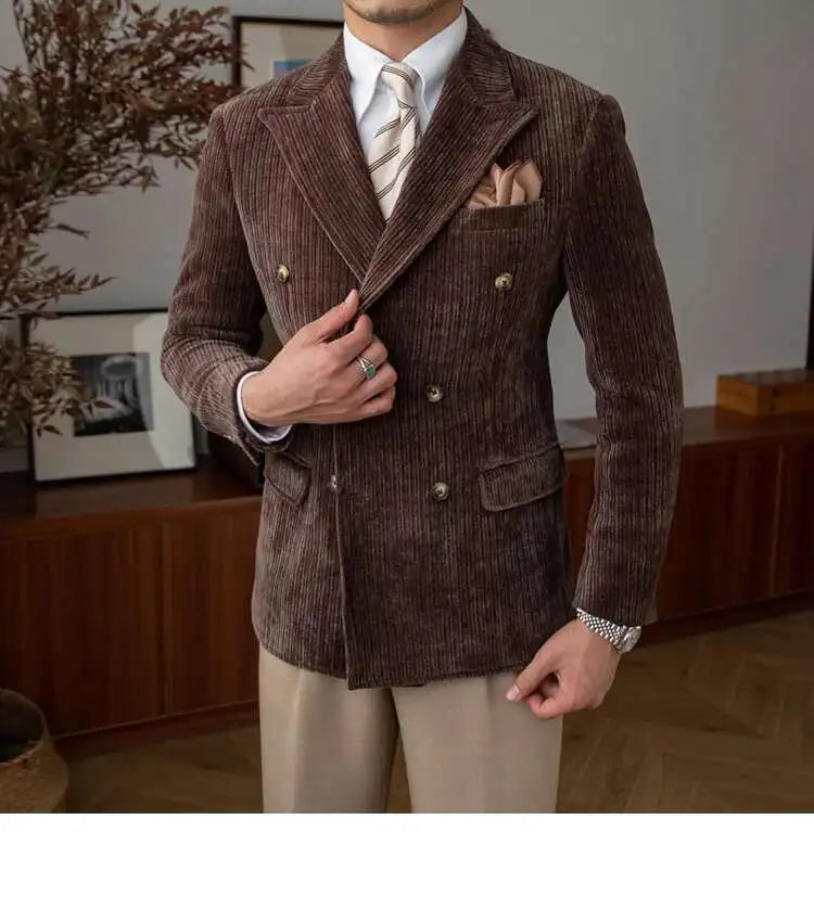 AutumnCasual Striped Jacket Men Blazer Masculino Blazer Hombre Italian Style Double Breasted Blazer Men Lapel Colla Blazer Homme