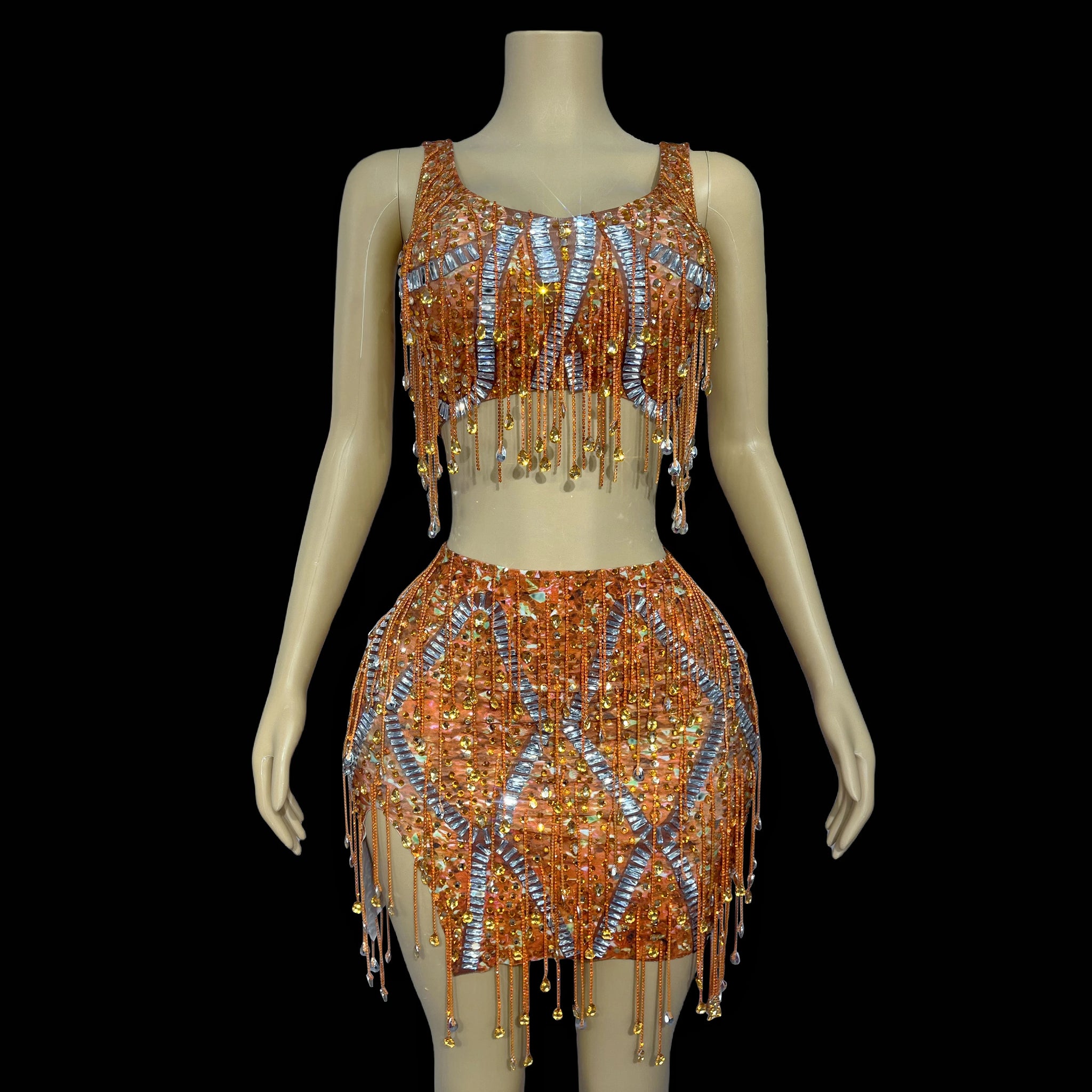 Luxury Fashion Singer Dancer Show Shiny Rhinestone Tassel Costume Suit Skirt Ladies Party Celebration Costume