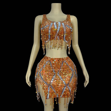 Luxury Fashion Singer Dancer Show Shiny Rhinestone Tassel Costume Suit Skirt Ladies Party Celebration Costume