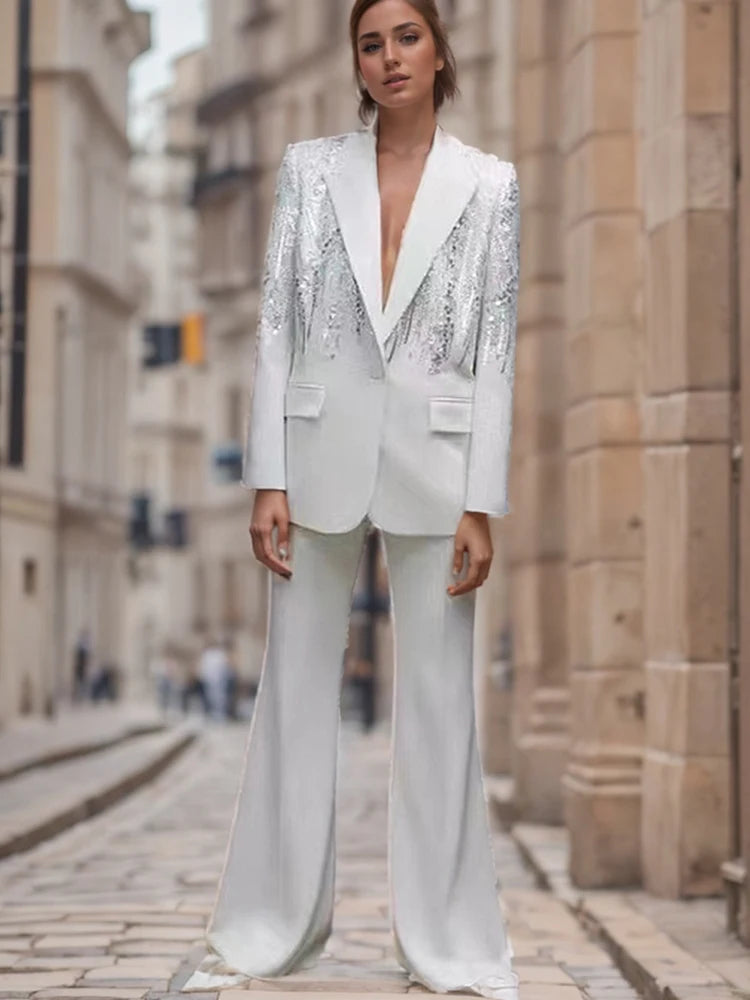 White Beaded Embroidery Sequins Pants Sets Women 2 Piece Outfits Blazer Pantsuits for Women Suits Outfits Black