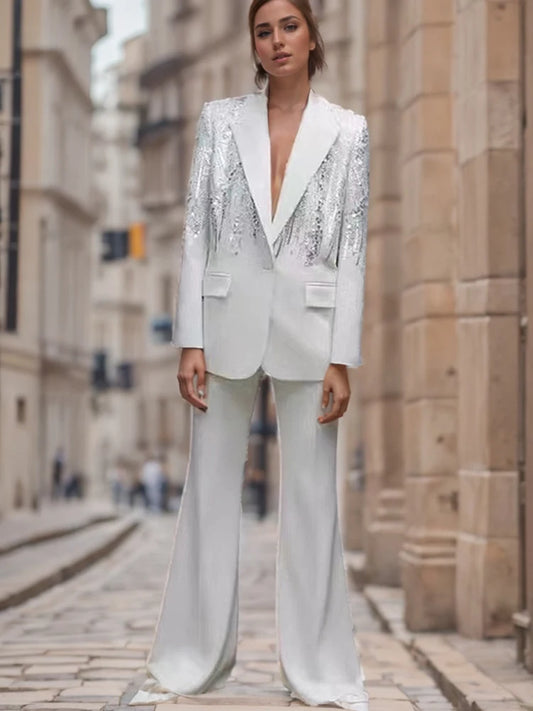 Ensemble pantalon et blazer à paillettes et broderies de perles blanches pour femme, tenue 2 pièces, noir