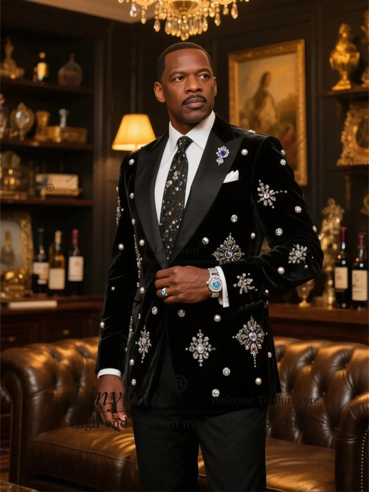 Shiny Diamond Ornament Men Suits Slim Fit Tuxedos 2 Pieces Groom Male Prom Blazers Customized Wedding