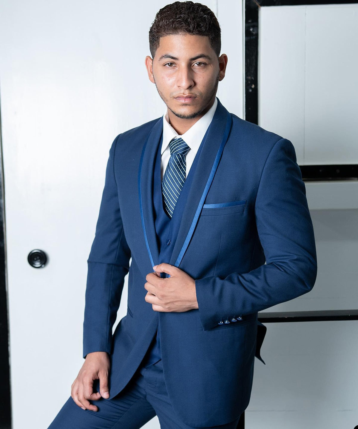 Costume 3 pièces bleu marine pour homme, blazer, gilet, pantalon, un bouton, revers transparent, coupe slim, formel, mariage, marié, sur mesure 