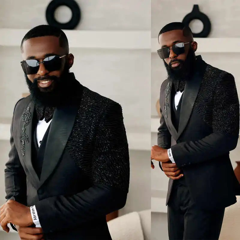 Beaded Men Suits for Wedding Shawl Lapel Single Breasted Tuxedos Groom Party 2 Pcs Blazer Pants Customized Suit
