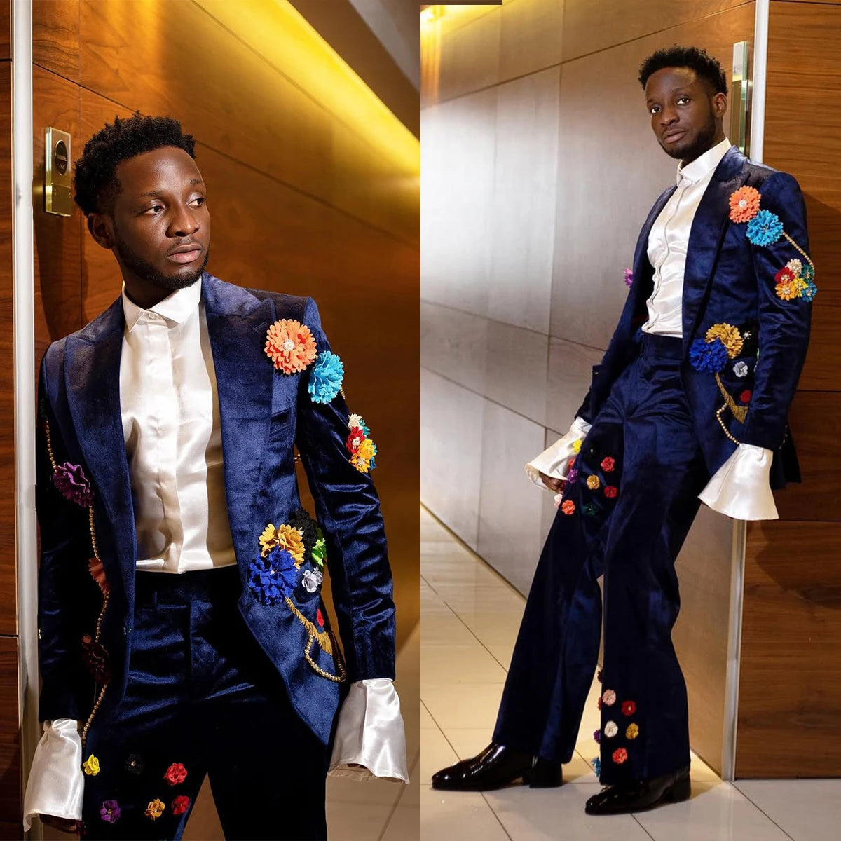 Stylish Men Suits Flowers Tailor-Made 2 Pieces Peaked Lapel Jacket Blazer Tassel Velvet Evening Party Customized Coat Pants