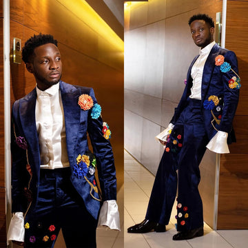 Stylish Men Suits Flowers Tailor-Made 2 Pieces Peaked Lapel Jacket Blazer Tassel Velvet Evening Party Customized Coat Pants
