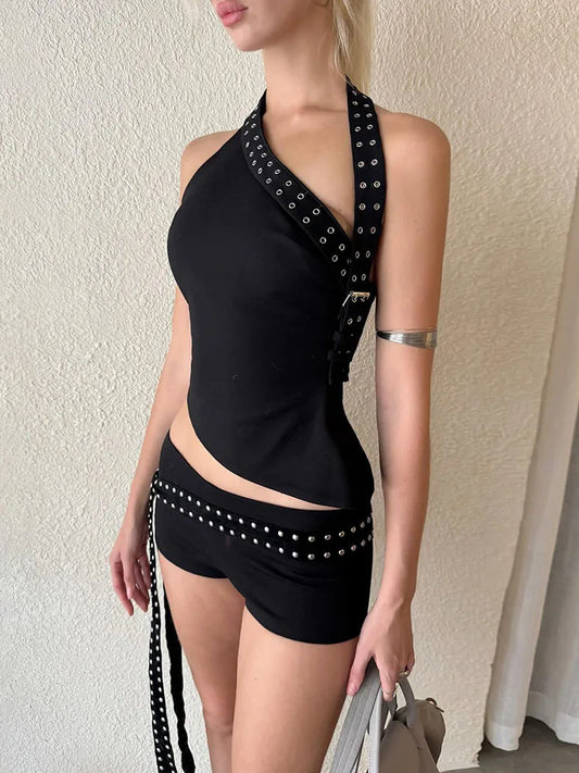 Sexy Hollow 3-Piece Set Women Hollow Biased Collar Backless Vests+Rivet Waistband+Simple Solid Shorts Slim Midnight Suits