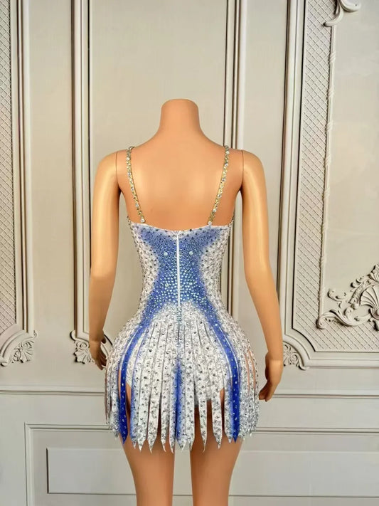 Blue Diamond Rhinestones Bodysuit Women Nightclub Performance Dance Costume Singer Dancer Leotard Show Stage Wear