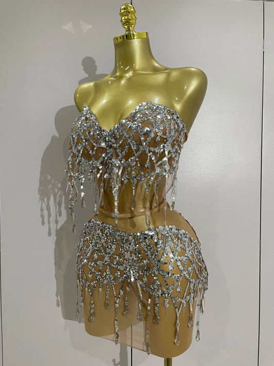 Sparkly Silver Sequins Crystals Chain Top Two Pieces Set Women Celebrate Party Birthday Dress NightClub Performance Stage Outfit