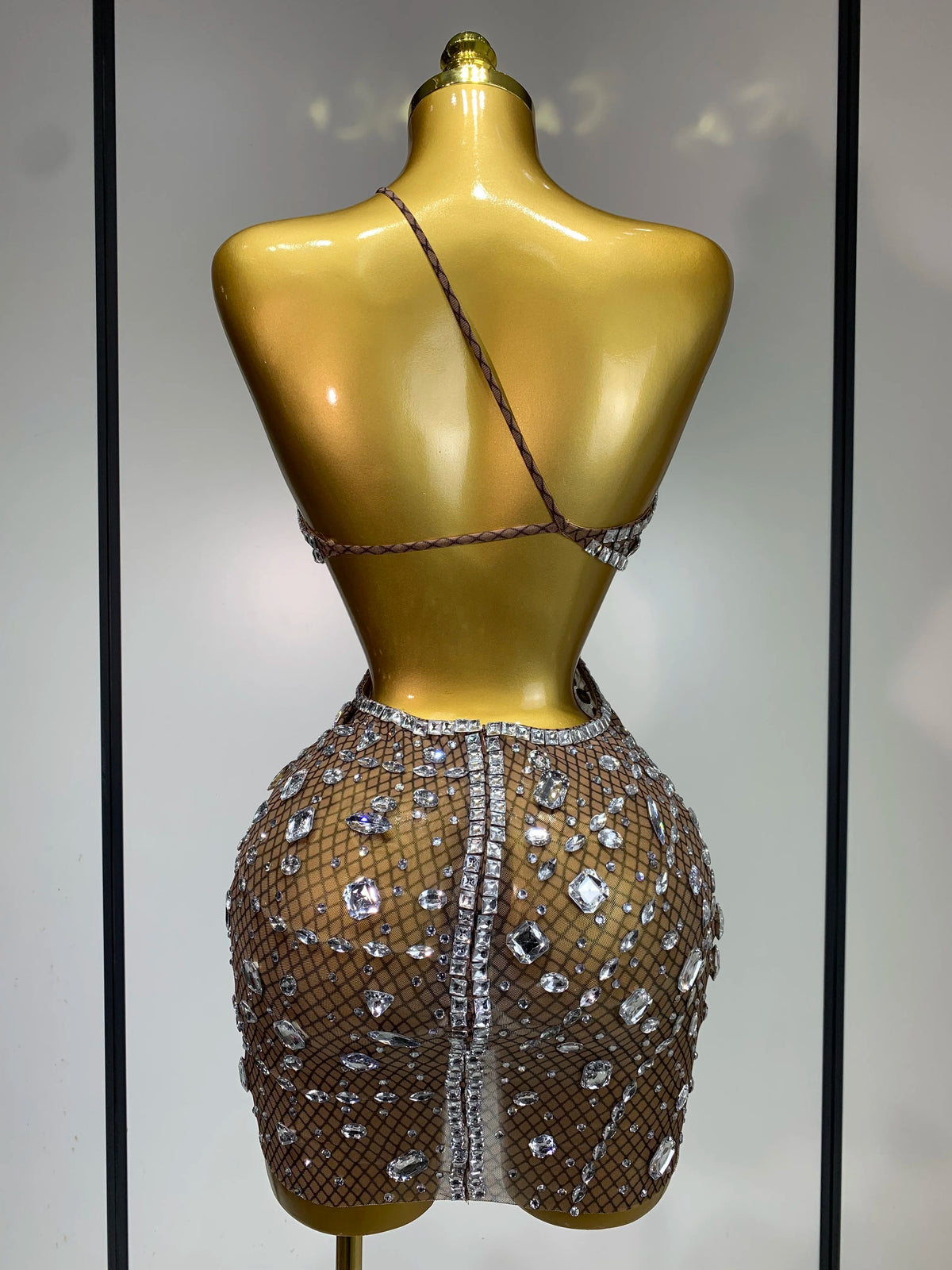 Sexy Sparkly Diamond Backless Short Dress Women Sleeveless Mesh See Through Evening Birthday Gown Singer Stage Outfit