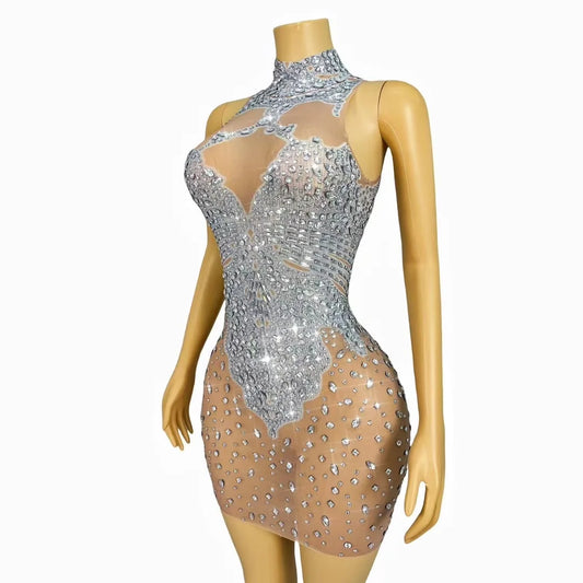 Rhinestones Sleeveless Party Dress Elegant Women Sexy Mesh Stretch Evening Prom Gowns See Through Birthday Costume