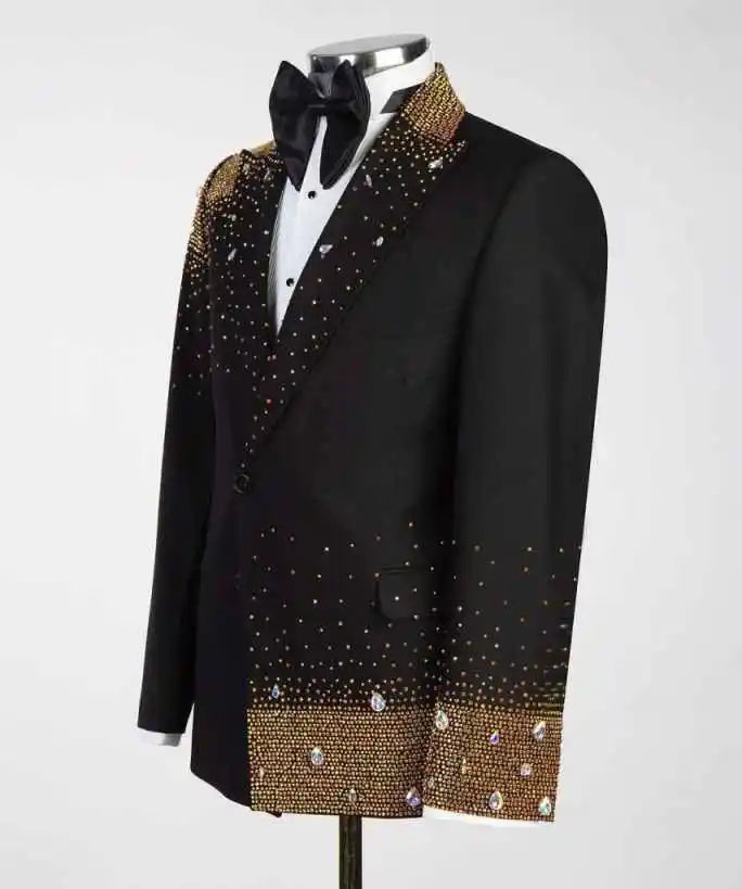 Luxurious Beaded Wedding Tuxedos 2 Piece Set Jacket Pants Black Men Suit Crystal Groom Wear Party Evening Suits Customized