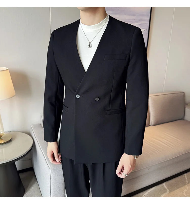 Stylish Men's Suit Coat Collarless V-Neck Solid Wear Style Slim Fit Blazer Jacket Male Black White Blue