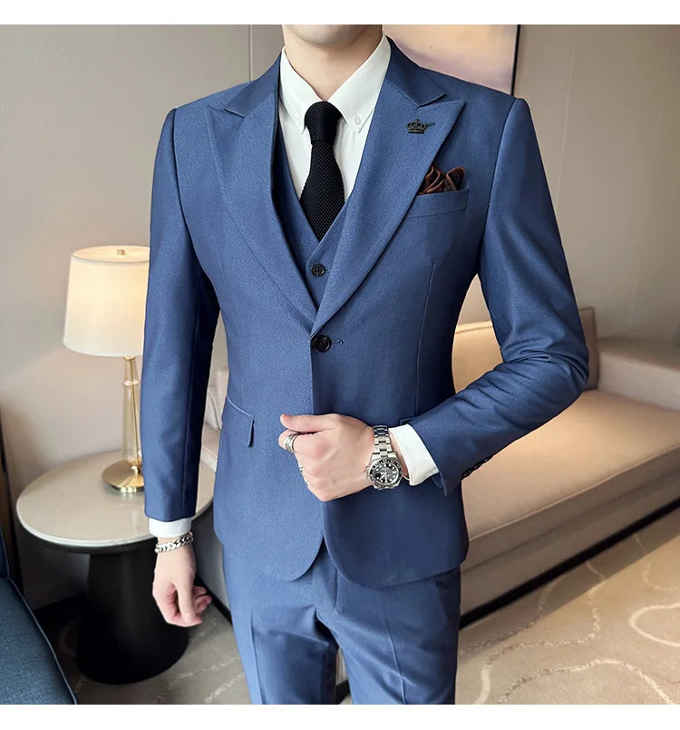 (Chaqueta + chaleco + pantalones) Traje de lujo de primavera para hombre, traje formal para novio, esmoquin de boda, traje ajustado para fiesta de trabajo, 3 piezas