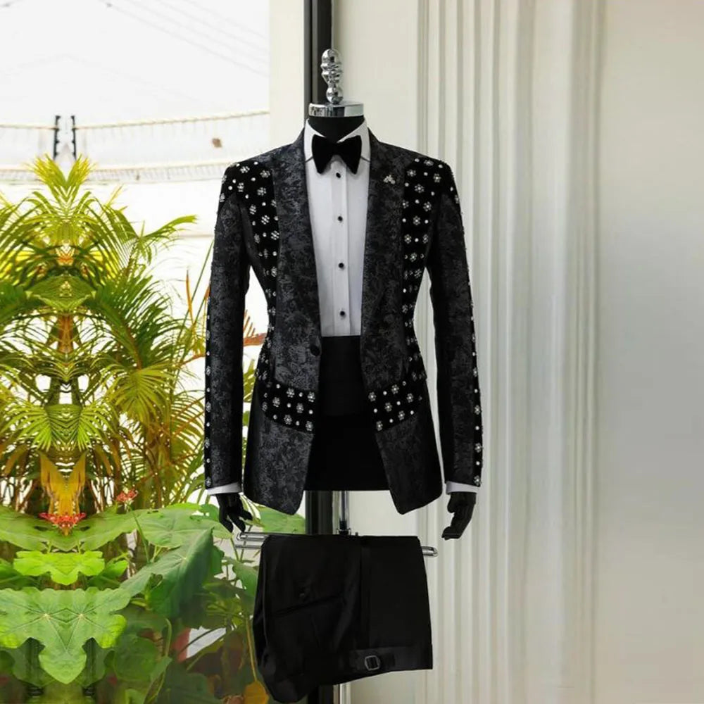 Luxury Jacquard Suits Men For Wedding Crystals Beaded Groom Tuxedos 2 Pieces Formal Banquet Party Man Blazer Sets