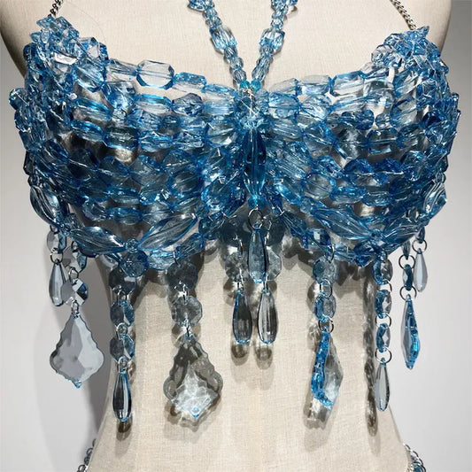 Luxury Blue Beaded Bikini Music Rave Party Body Chain Jewelry Bridal Wedding Accessories Fringe Crystal Mermaid Bra Top & Skirt