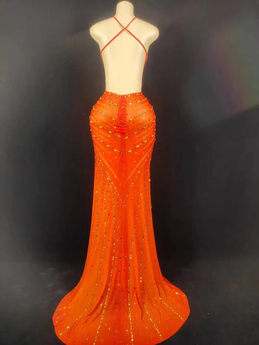 Sexy Sparkly Rhinestone Halter Mesh Transparent Dress Birthday Celebrate Evening Gown Dress Women Sexy Split Backless Stage Dres