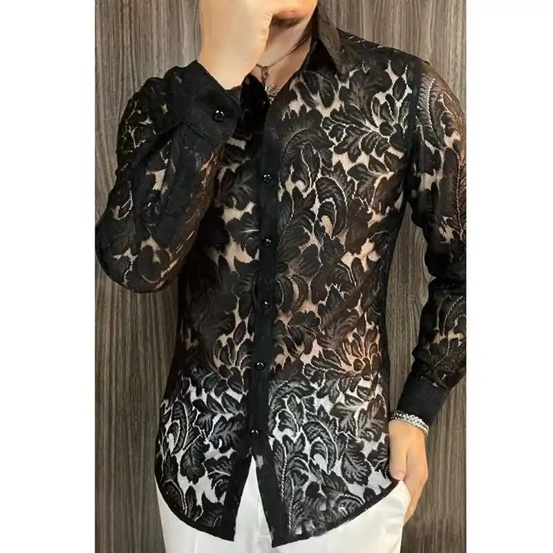 Men's Slim Fit Shirt Spring Semi Transparent Long Sleeved Shirt Men Nightclub Sexy Casual Social Party Tuxedo Stage Singer Shirt
