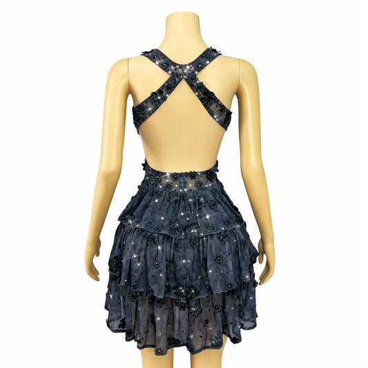 Luxurious Sexy V-neck Backless Black Dress Shining Rhinestones Petals Gowns Party Celebrate Evening Photoshoot Stage Wear