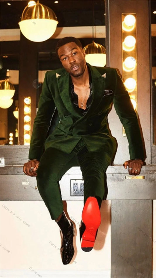 Velvet Green Men Suit Set 2 Piece Blazer+Pants Trousers Autumn Fall Customized Formal Office Jacket Wedding Tuxedos Prom Coat