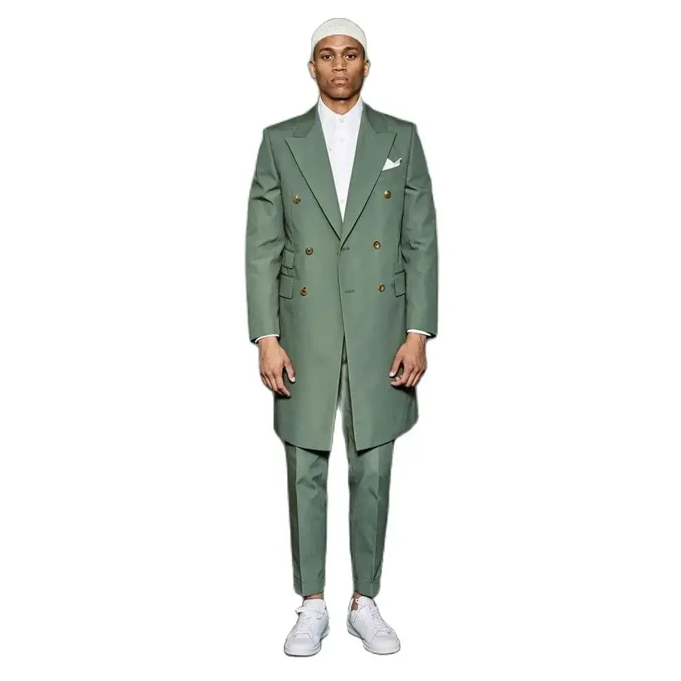 Trajes verdes de ocio para hombre, chaqueta larga y pantalón de 2 piezas, cruzados, con solapa de pico, informales, para oficina y viajes.