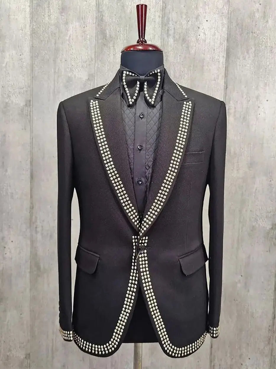 Trajes de boda para hombre, diseño de esmoquin personalizado, con abalorios, chaqueta formal con solapa de pico, corte entallado, para novio, solo una capa 