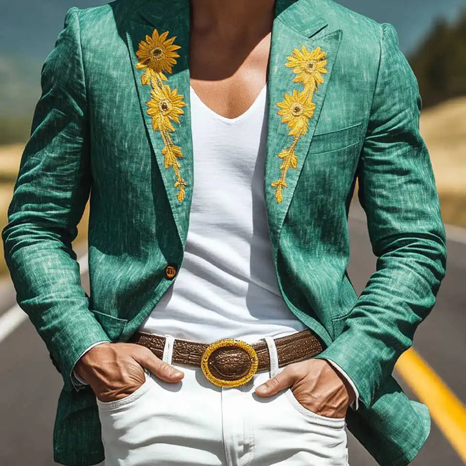 Tailored Mens Jacket Gold Flowers Cowboy Slim Fit One Button Tuxedos Male Pants Sets Customized One Piece