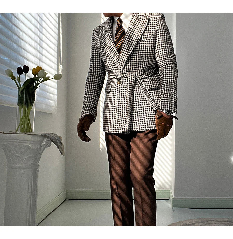 Houndstooth Woolen Blen Dplaid Retro Casual Men's Coat Slim Long Sleeve Belt Suit 2PC