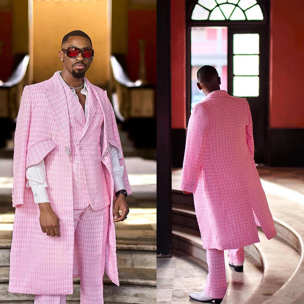 Fashion Men's Suit Pearls Peaked Lapel 3 Pieces Set Jacket Tailor-Made Grid Blazer One Button Customized Coat Pants Overcoat