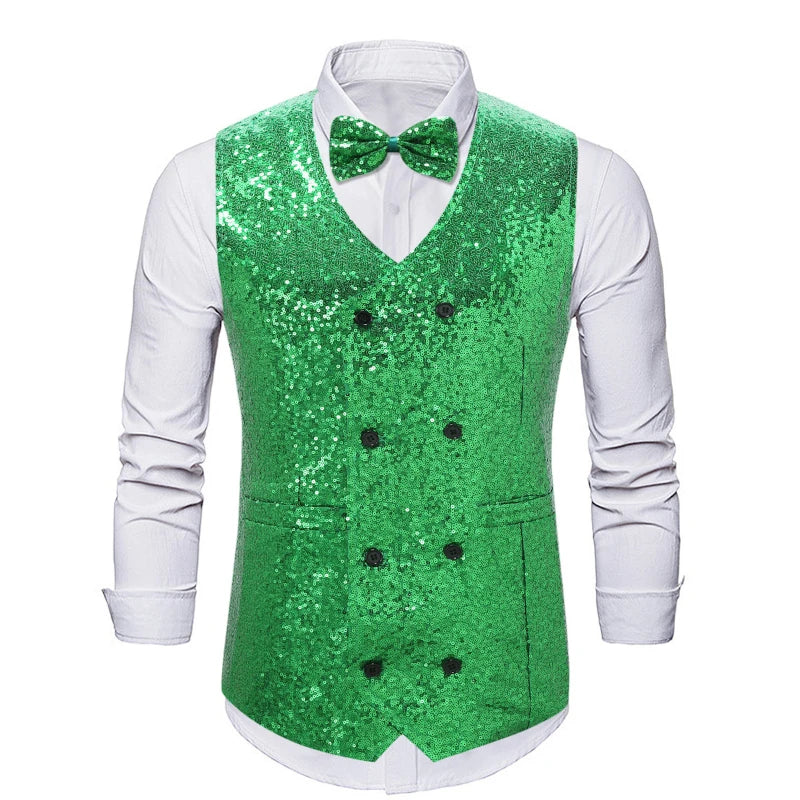 New Fashion Shiny Sequin Suit Vest for Men, Gold /Silver  Double Breasted Chalecos De Vestir Hombre