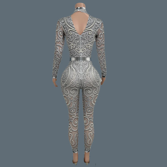 Women Sparkly Rhinestone Pearls Spandex Jumpsuit Nightclub Party Stage Performance Bodycon Wear Sexy Printing Jumpsuit