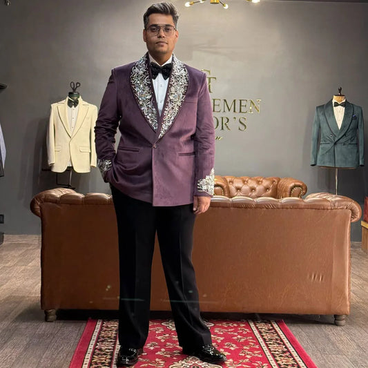Customized Luxury Metal Embellished Men Suits High End Wedding Blazers Outfit 2 Pieces Sets Slim Groom Tuxedos Ropa Hombre