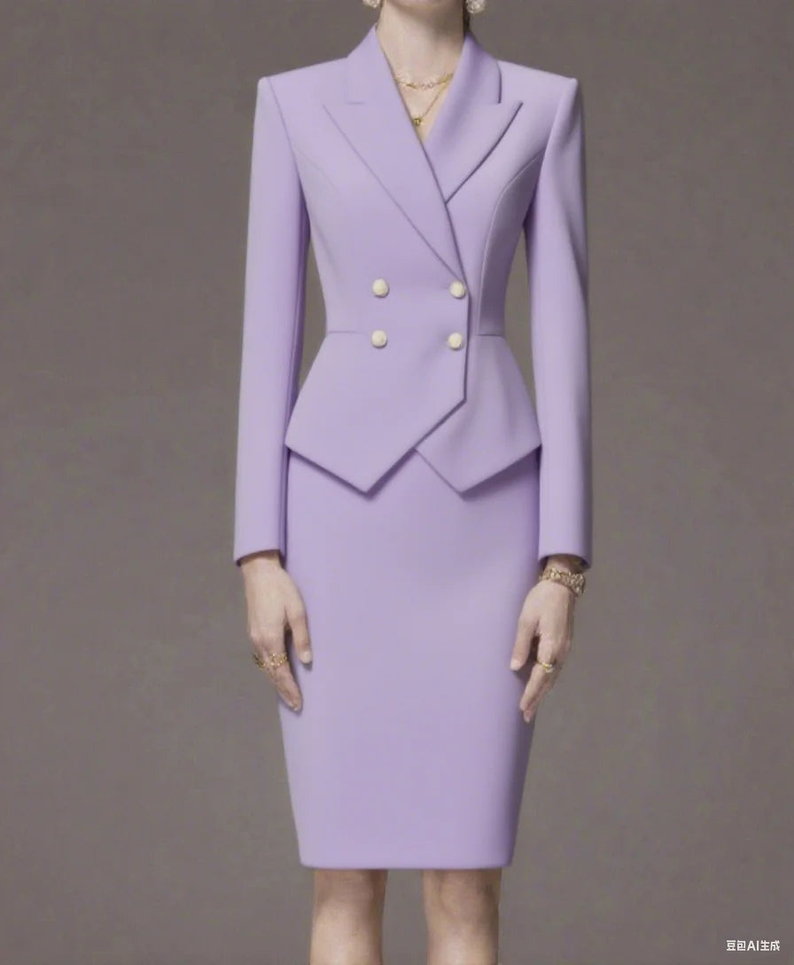 Business Women's Suit Long Sleeves Peak Lapel Lady Set for Wedding Prom Slim Fit 2 Pcs Jacket Skirt Customized