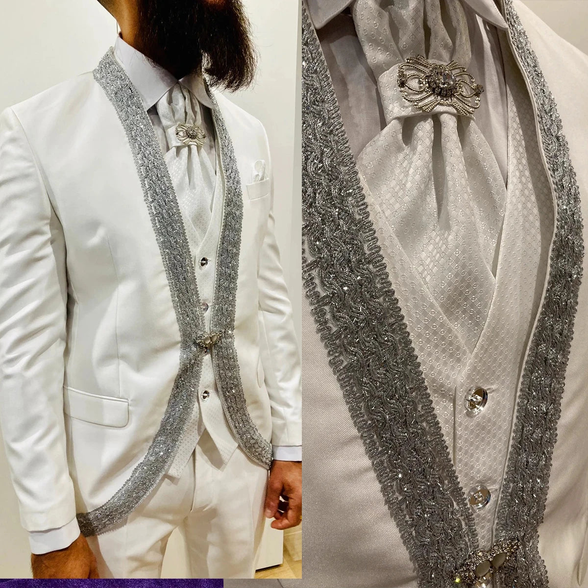 Fashion Man Suits Fit Slim Beading Shawl Lapel Party Prom 2 Pieces Set Blazer Rhinestone  Customized One Button Jacket Pants