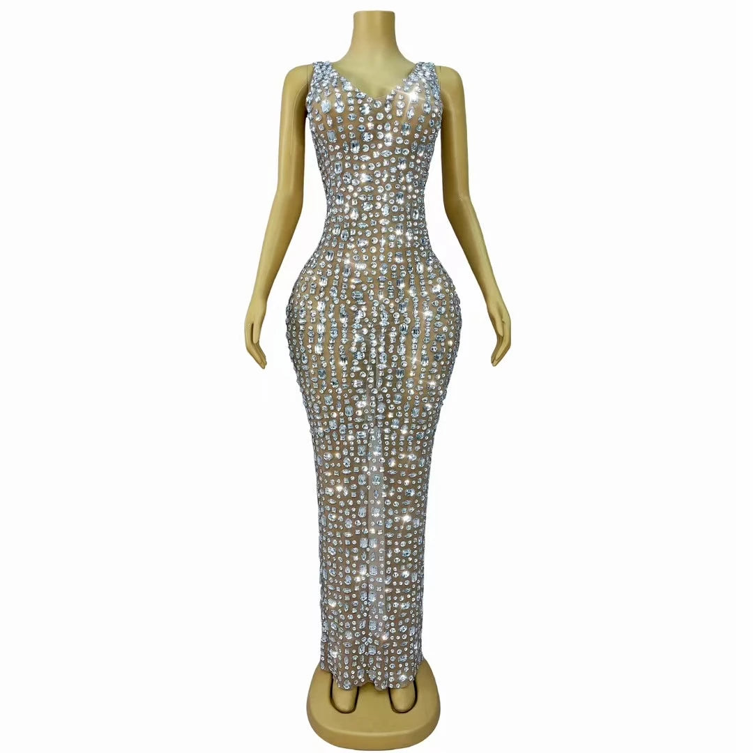 Shining Rhinestones Sexy Mesh Prom Dress Birthday Celebrate Luxury Evening Outfit Red Carpet Stage Costume