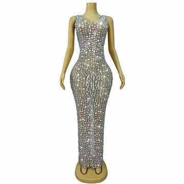 Shining Rhinestones Sexy Mesh Prom Dress Birthday Celebrate Luxury Evening Outfit Red Carpet Stage Costume