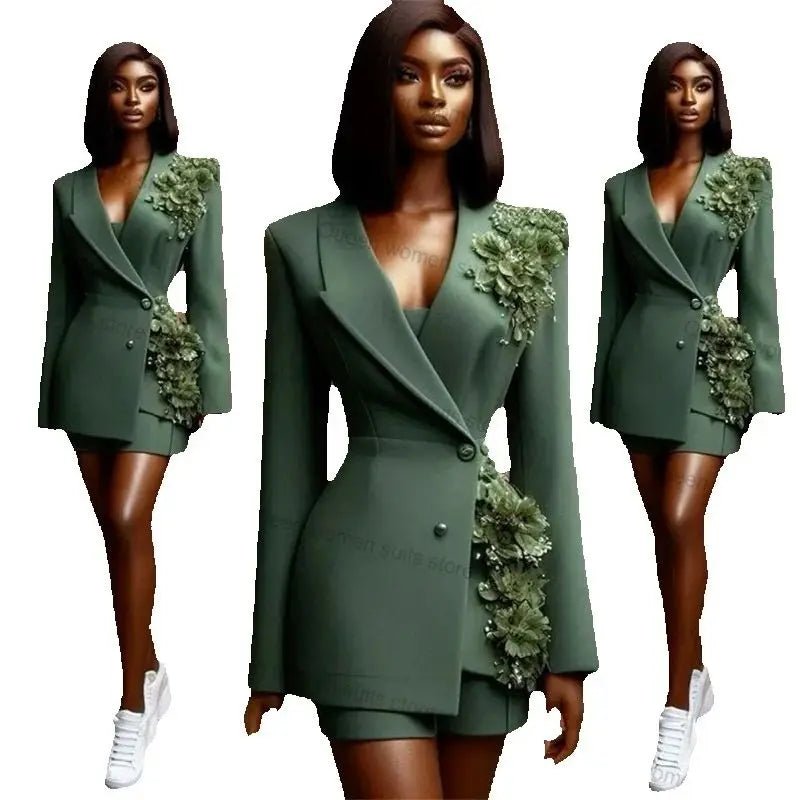 Conjunto de traje formal verde para mujer, 2 piezas, blazer y pantalón corto, estampado de flores 3D, chaqueta de algodón para oficina, traje de fiesta personalizado. 