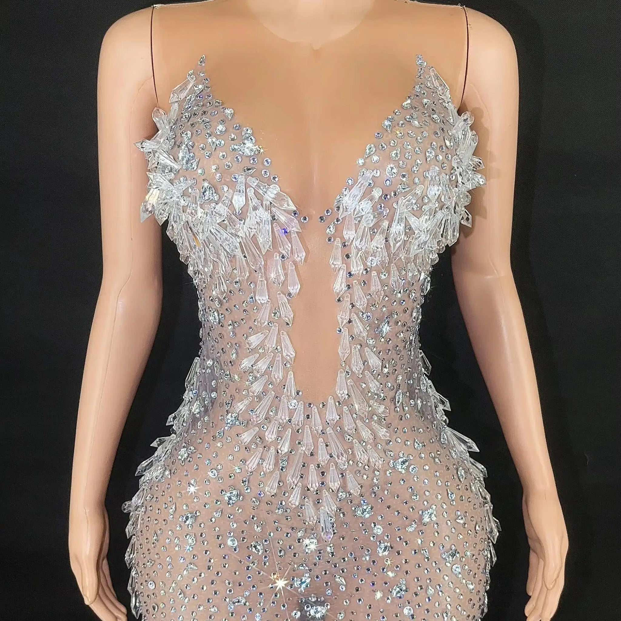 Sparkly Crystals Rhinestones Short Birthday Dress Women Sexy Mesh See Through Club Singer Show Stage Wear Performance Costume