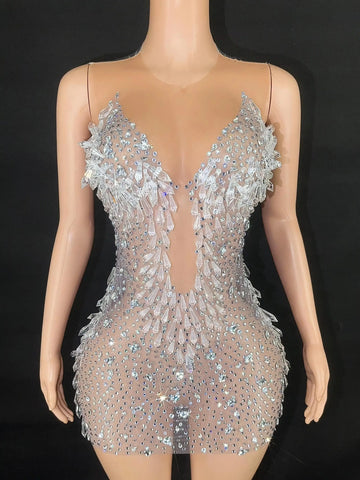 Sparkly Crystals Rhinestones Short Birthday Dress Women Sexy Mesh See Through Club Singer Show Stage Wear Performance Costume