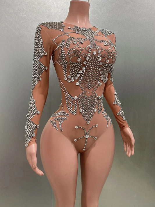 Women Rhinestone Mesh Dress Long Sleeve O Neck Bodysuit Evening Club Party Nightwears High Elastic Stage Costumes Dropshipping