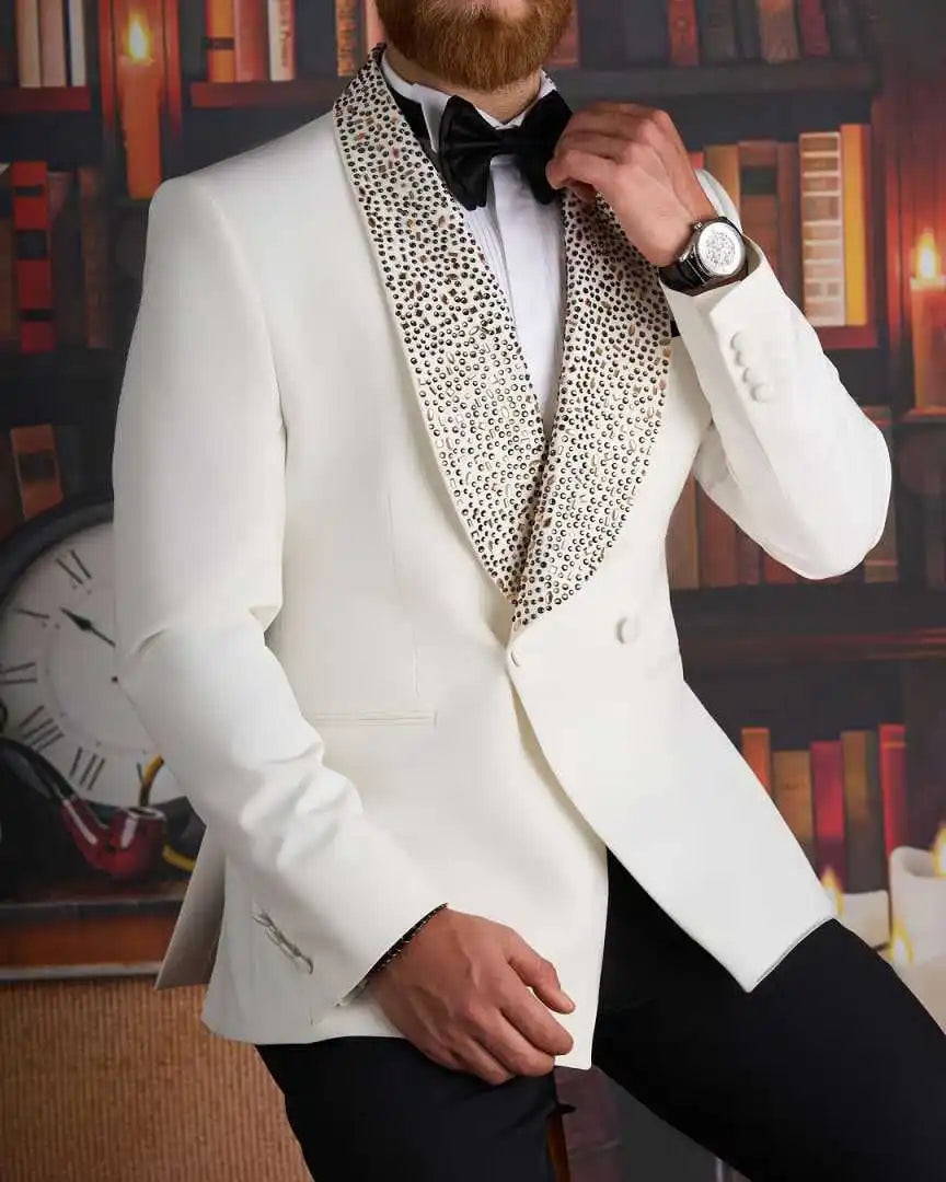 Classic Rhinestone Wedding Suits for Groom Shawl Lapel Double Breasted Tuxedos 2 Pcs Jacket Pants Party Prom Customized