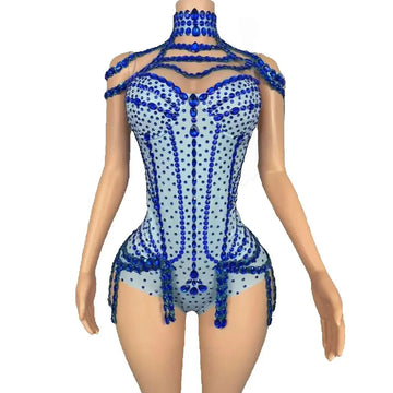 Body à franges et strass bleus scintillants pour femme, tenue de spectacle sexy, de danse, de discothèque, de chanteur ou de danseuse