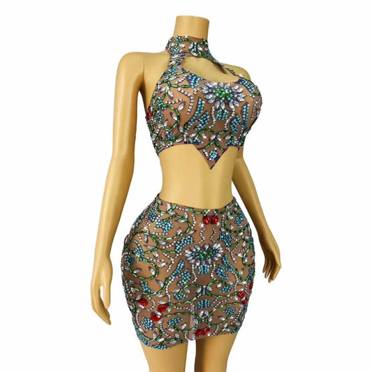 Sexy Crop Top Short Skirt Set Two Pieces Women's Stage Performance Outfit Vintage Diamonds Nightclub Dance Costume